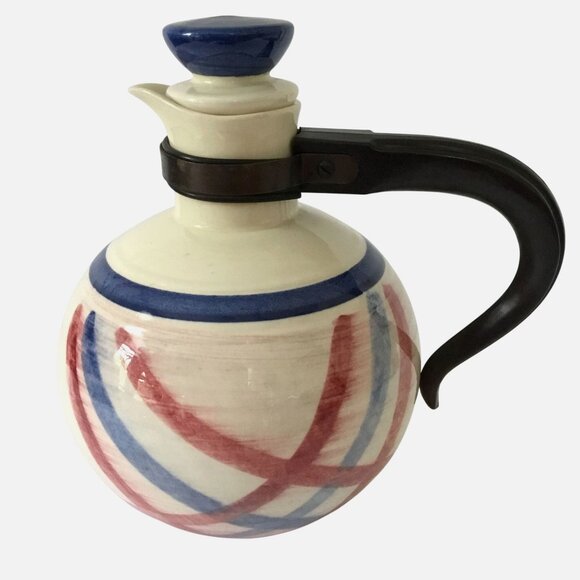 VTG VERNONWARE Ceramic Carafe Patriotic Red Blue Stripes Jug Pitcher USA MCM - Picture 1 of 9